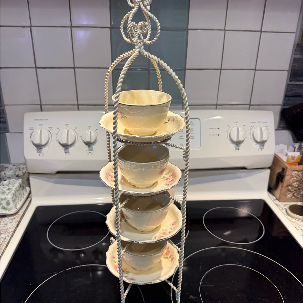 Vintage 4 Tier Twisted Metal Cream Tea Cup Display